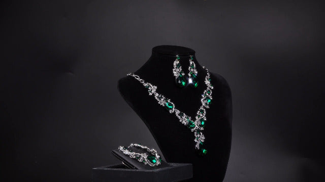 Wedding Bridal Jewelry Set for Women Prom Party Accessories | Shiny Multi Teardrop Cluster Crystal Statement Necklace Dangle Earrings Link Bracelet Set for Bride Bridesmaid - color: Fuchsia Silver-Tone