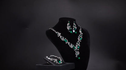 Wedding Bridal Jewelry Set for Women Prom Party Accessories | Shiny Multi Teardrop Cluster Crystal Statement Necklace Dangle Earrings Link Bracelet Set for Bride Bridesmaid - color: Fuchsia Silver-Tone