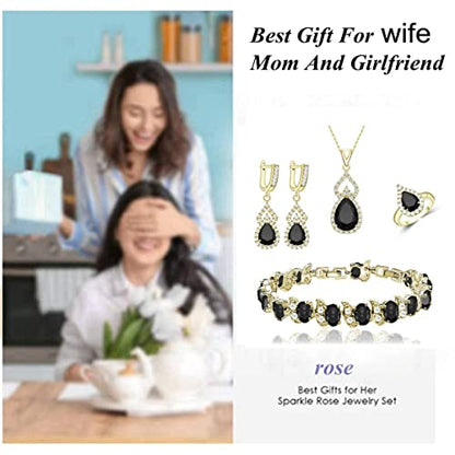 LMXXVJ Women Jewelry Set Platinum Plated Necklace Open Ring Earrings Bracelet Set,Birthday/Anniversary Mother’s Day Jewelry Gifts for Mom/Wife/Sister/Best Friend - color: Yellow Gold-Black