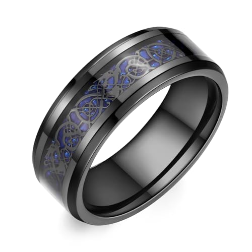 8mm Black Tungsten Carbide Ring for Men Women Red Carbon Fiber Celtic Dragon Inlay Knot Promise Wedding Band Beveled Edges Polished Comfort Fit - color: Blue