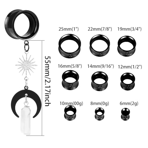 2PCS Moon-Pendant Natural Stone Stainless Steel Dangle Ear Plugs Tunnels Stretcher Piercing Body Jewelry - size: 14mm(9/16")