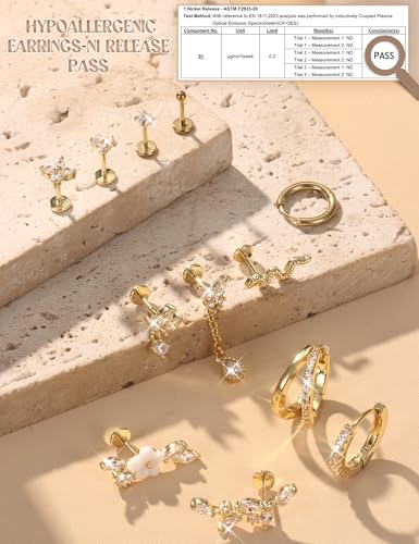 20G 18G Threadless Flat Back Earrings 316L Surgical Steel, 12PCS | Hypoallergenic Push in Stud Earrings, 14K Gold Plated Cartilage Earring Stacks, Helix Conch Tragus Nose Piercing Jewelry - color: 14K Gold Tone, size: 20G-6MM Bar