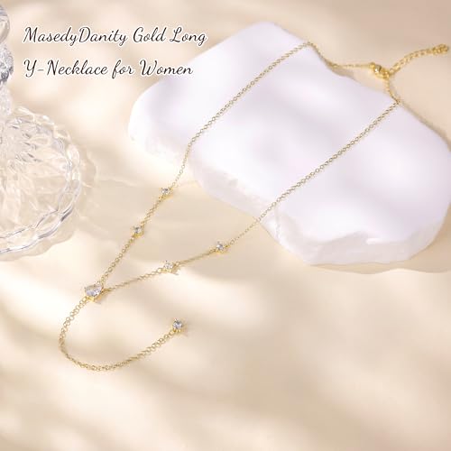 Long Gold Necklace for Women Dainty Layered Lariat Necklace | 14k Gold Plated Clover Teardrop CZ Y Shaped Drop Necklaces Cute Long Necklace for Women Trendy Prom Formal Womens Jewelry - color: Teardrop CZ y necklace