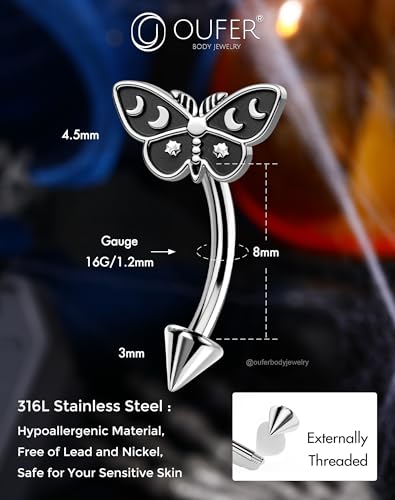 OUFER Halloween Moth Rook Eyebrow Piercing Jewelry, 316L Surgical Steel Rook Earrings for Women Men, Spooky Eyebrow Rings, 16G Curved Barbells, Halloween Body Piercing Jewelry-8mm