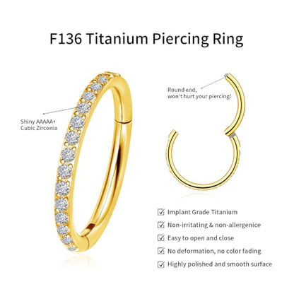 20G 18G 16G Titanium Hoop Nose Ring, Hinged Silver Gold Cartilage Hoop Earrings for Women, Clear CZ Conch Tragus Helix Earrings Septum Nose Piercing Jewelry 6/8/10mm - color: Gold, size: 20g-10mm