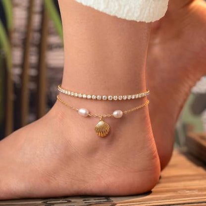 Robaice Anklets for Women, 14K Gold Plated Layered Ankle Bracelets | Waterproof Figaro Link Pearl Anklet, Ankle Bracelets for Women Stackable, Summer Beach Jewelry Gifts Non Tarnish - style: Gold CZ Seashell Anklet
