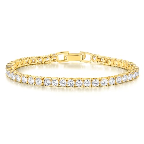 Gemsme 4 Prong Tennis Bracelet, 18K White/Yellow Gold Plated 3mm Round Cubic Zirconia Bracelet for Women Size 6-8.5 Inch - color: Gold Plated, size: 7 inch