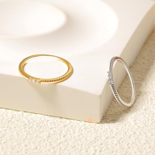 Dainty 14K Gold Plated Cubic Zirconia Rings Eternity Engagement Wedding Band Rings 925 Sterling Silver Stackable Rings for Women Aura Minimalist Knuckle Pinky Finger Ring Mothers Day Jewelry Gifts - color: Silver