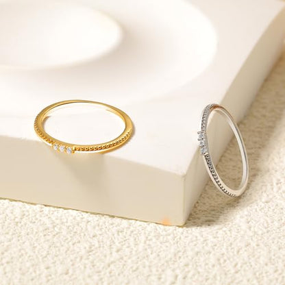 Dainty 14K Gold Plated Cubic Zirconia Rings Eternity Engagement Wedding Band Rings 925 Sterling Silver Stackable Rings for Women Aura Minimalist Knuckle Pinky Finger Ring Mothers Day Jewelry Gifts - color: Silver
