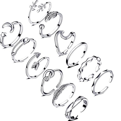 Honsny 12PCS Silver Plated Rings Adjustable Open Rings for Women Cute Gold Plated Stackable Thumb Rings Joint Chain Midi FingerArrow Knot Wave Band Rings Set - color: 12PCS Silver A