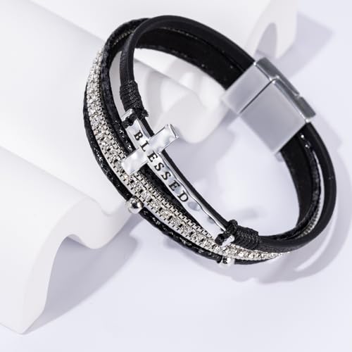 Boho Leather Wrap Bracelets Beaded Stackable Cuff Bracelet Country Concert Outfits Cowboy Cowgirl Western Jewelry Gifts for Women - color: Cross-Black