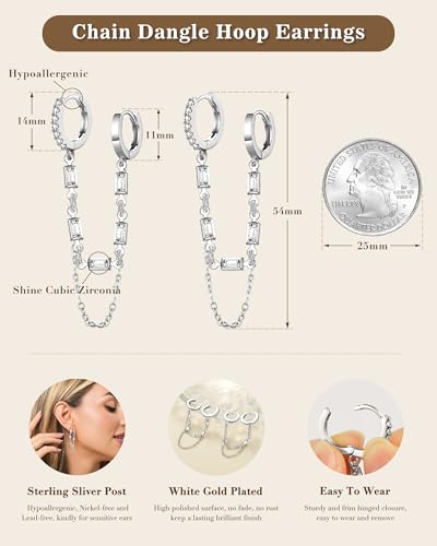 Tassel Chain Small Gold Hoop Dangle Earring For Women Huggie Earring Heart Star CZ 14K Gold Plated Fashion Jewelry Graduation Gift for Her Mothers Day Gifts for Mom - color: Double-Rectangle-Silver