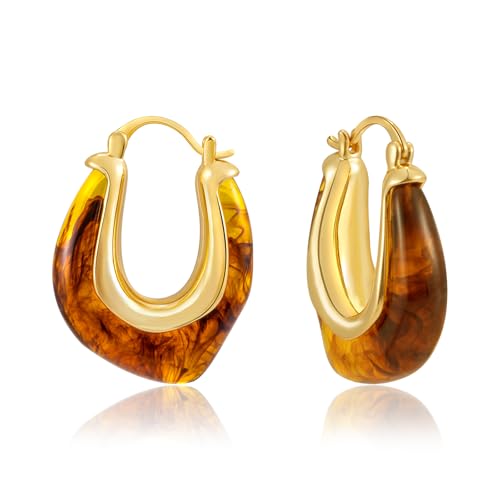 LAXPICOL Gold Chunky Dangle Earrings For Women Resin Stone Earrings Hoop Earrings, 18k Plated Oval Resin Stone Statement Earrings for Women Unique Dangling Teardrop Baroque Huggies Hoop Earrings - color: Yellow