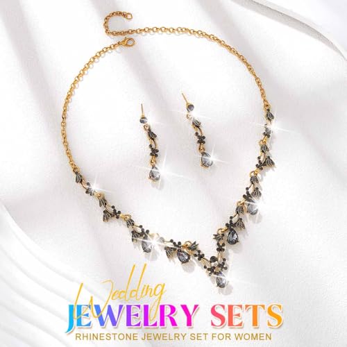 Gold Rhinestone Jewelry Set Bridal Wedding Necklace Earrings Sets Prom Formal Costume Jewelry for Women and Brides - color: Black