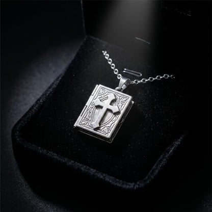 Photo Book Locket Necklace for Women Charm Choker Pendants that Holds Pictures Memorial Jewelry - color: Cross
