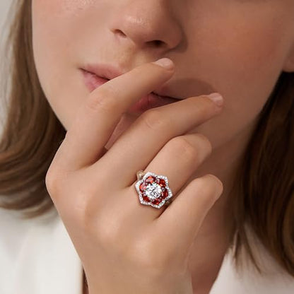 Flower Cocktail Ring for Women Stone Engagement Anniversary Rings | Sterling Silve|Hypoallergenic|Ruby|Sapphire|Emerald|Wedding and Birthday Party Women Statement Ring|Mother and Grandma Gift - color: Garnet (Jan.)