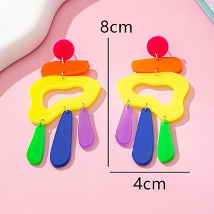 Funny Geometry Retro Colorful Geometric Acrylic Dangle Earrings, 8cm Bold 80s 90s Statement Earrings for Women