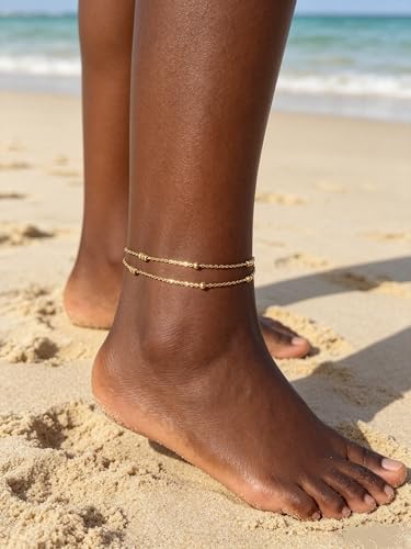 Waterproof Gold Plated Layered Anklets for Women Daisy/Herringbone/Heart Charm/Bead Chain Non Tarnish Stainless Steel Summer Foot Jewelry Gift for Her, with Gift Box - color: 4. two bead chains