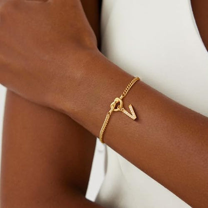 Gold Initial Bracelets for Women Jewelry Gifts - Dainty 14K Gold Plated Zircon Letter Knot Bracelet 26 Alphabet Monogram Initial Bracelets Birthday Gifts for Women - color: V