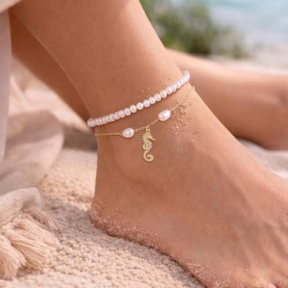 Robaice Anklets for Women, 14K Gold Plated Layered Ankle Bracelets | Waterproof Figaro Link Pearl Anklet, Ankle Bracelets for Women Stackable, Summer Beach Jewelry Gifts Non Tarnish - style: Gold Seahorse Anklet