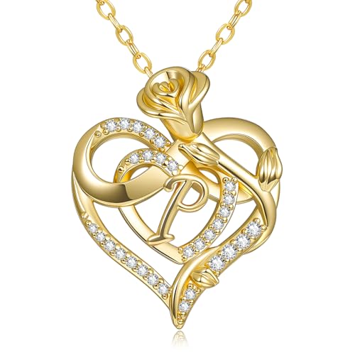 14k Gold Heart Initial Necklaces for Women, Dainty Letter Pendant Chain Necklace, Letter A to Z Initial Jewelry, Anniversary Birthday Gifts for Her Wife Mom Daughter - style: Letter P