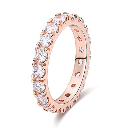 KUNSIR 925 Silver Cubic Zirconia Ring Size 7-9 Wedding Band Sterling Silver Eternity Ring Modern Style - style: Rose Gold Clear Zircon Ring