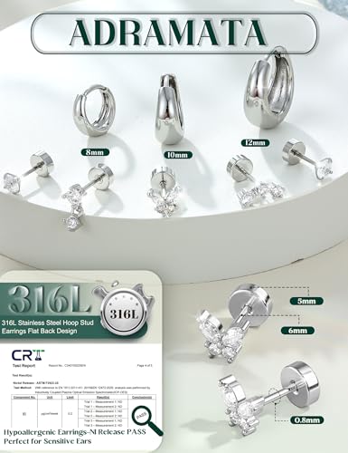 ADRAMATA Hypoallergenic Gold Earrings Stack for Women - 7Pairs Surgical Steel Small Chunky Huggie Hoops & Flat Back Stud Earrings Set Silver Cartilage Jewelry Trendy Christmas Gifts - style: Chunky - Silver
