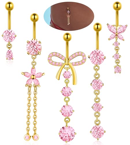 BSJ4U Belly Button Rings Gold Plated Silver Pink Clear CZ Belly Rings for Women Heart Bow Flower Butterfly Teardrop Dangle Navel Belly Button Piercing Jewelry - color: Gold Plated Pink Dangle Belly Button Rings