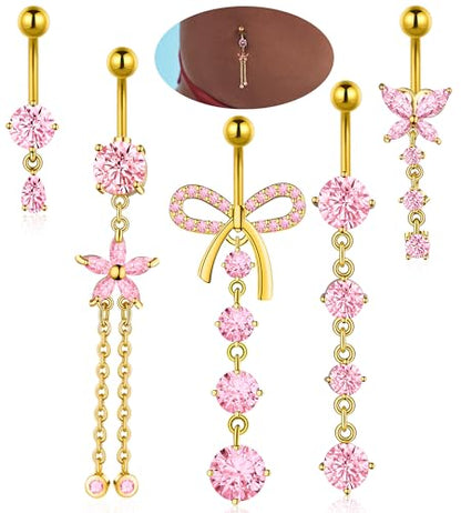 BSJ4U Belly Button Rings Gold Plated Silver Pink Clear CZ Belly Rings for Women Heart Bow Flower Butterfly Teardrop Dangle Navel Belly Button Piercing Jewelry - color: Gold Plated Pink Dangle Belly Button Rings