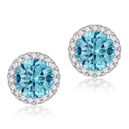 YOMELA Round Cubic Zirconia Stud Earrings for Women | Everyday Dainty, Diamond-Like Brilliance, CZ Halo Birthstone Studs, Hypoallergenic & Lightweight, Elegant & Versatile - color: Aquamarine