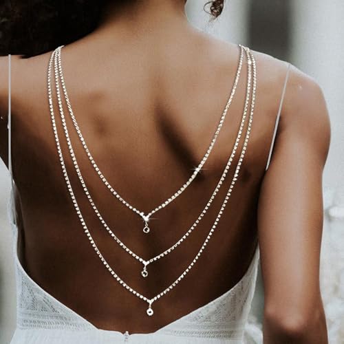 Rhinestone Layers Back Necklace Chains for Backless Dress Shinny Bridal Wedding Shoulder Body Jewelry for Women Back Body Chain - color: Silver