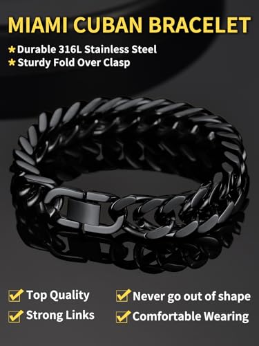 ChainsHouse Stainless Steel Cuban Link Bracelet, 6mm/8mm/12mm/17mm Width, 7.5"/8.3"/9", Black/ 18K Gold Plated Chain Wrist Bracelets for Men Women, Send Gift Box - color: I: Black-12mm width
