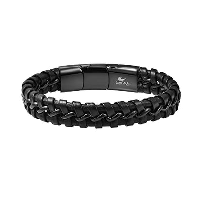 Men's Braided Genuine Leather Wristband Cuff Bracelet - color: Black