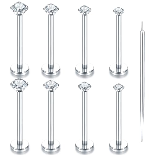 Oveta Threadless Push in Lip Rings 16G/18G/20G Labret Jewelry CZ Lip Studs Stainless Steel Cartilage Earrings for Women Monroe Medusa Piercing Jewelry 6/7/8/10/12mm Bar Length - color: Silver, size: 16G*12mm bar*1.5/2/2.5/3mm cz