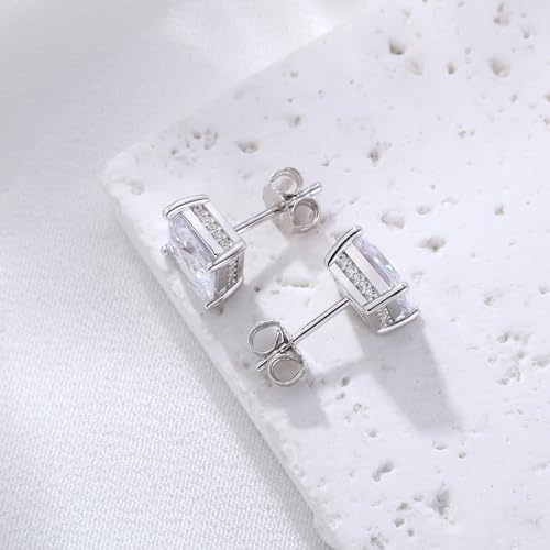 FEEL STYLE 18K White Gold Plated 925 Sterling Silver Princess Cut Cubic Zirconia Stud Earrings for Women Men - 6/8MM Square CZ Stud Earring Jewelry Gifts Hypoallergenic (Silver, 8mm)