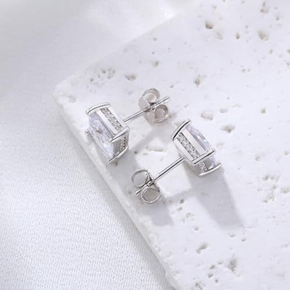 FEEL STYLE 18K White Gold Plated 925 Sterling Silver Princess Cut Cubic Zirconia Stud Earrings for Women Men - 6/8MM Square CZ Stud Earring Jewelry Gifts Hypoallergenic (Silver, 8mm)