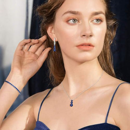 Crysdue Cubic Zirconia Jewelry Set for Women Bridesmaid, Classic Round Cut Drop Lightweight Lever Back Earrings Pendant Necklace Tennis Bracelet for Wedding Prom Party - style: 3pcs Sapphire, Silver