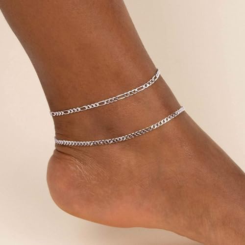 ChicSilver 925 Sterling Silver Ankle Bracelet for Women, Simple Cuban Link/Figaro/Twist Rope Chain Anklets for Beach Party(with Gift Box) - style: 06: Cuban Chain-2.8mm wide