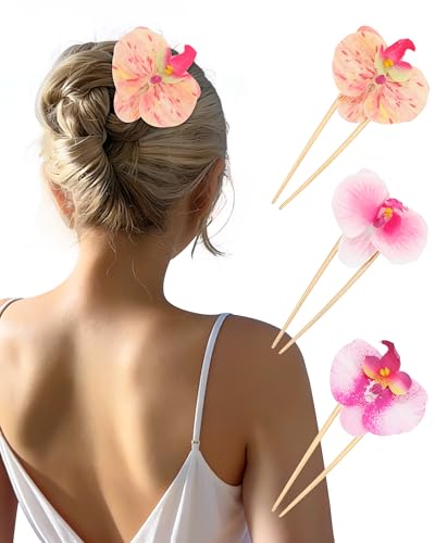 WELROG 3-Pcs Metal Hawaiian Orchid Hair Pins, Non-Slip Stick for Beach Updo | Tropical Flower Vibes,Weddings and Vacations - color: Pink1+Pink2+Orange