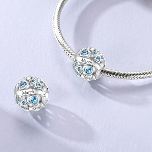 LNQOBU 925 Sterling Silve Lucky Birthstone Charm for Bracelets, With 5A Cubic Zirconia Birthday Charms Dangle Pendant Bead for Pandora Bracelets and Necklaces - color: C1-March
