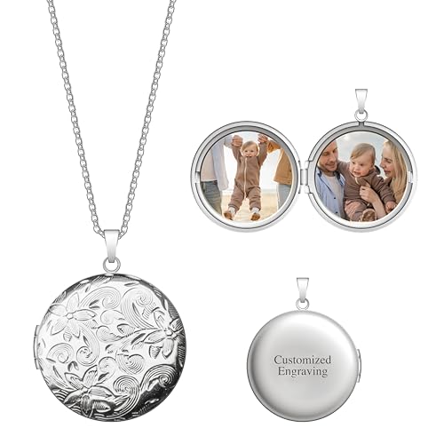 Locket Necklace for Women Girls, 18” Jewelry Chain, Picture Photo Inside, Cadenas para mujer, Personalized Custom Name Gold Locket, Customized Couples Locket, Silver, Rose Gold, Gold - color: Silver, style: 2 Photos + Engraving Necklace