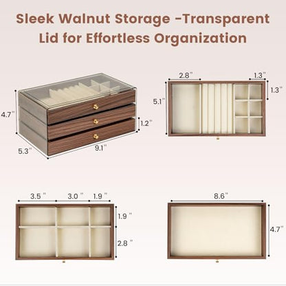 Wooden Jewelry Box for Women, 3-Layer Jewelry Organizers and Storage with 3 Drawers & Velvet Trays, Large Earring Holder, Necklace Ring Travel Case, Gift Box for Drawer, Wood - size: 3-Layer