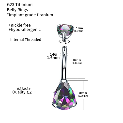 VOJO G23 Titanium Belly Button Rings Cubic Zircon Opal Hypoallergenic Threaded 14G Diamond Navel Body Piercing Jewelry Birthstone for Women - color: Teardrop Rainbow CZ