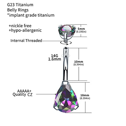 VOJO G23 Titanium Belly Button Rings Cubic Zircon Opal Hypoallergenic Threaded 14G Diamond Navel Body Piercing Jewelry Birthstone for Women - color: Teardrop Rainbow CZ