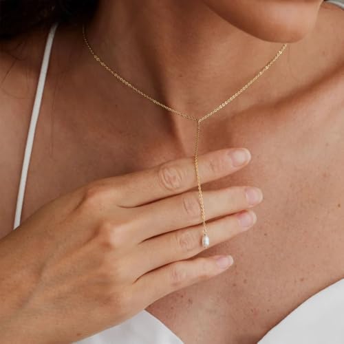 S.J JEWELRY Womens Handmade CZ Simple Delicate 14K Gold Plated/Rose Gold Plated/Silver Plated Lariat Simple Baton Adjustable Y Necklace - color: Y-2-Pearl