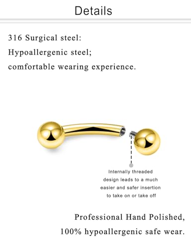 Eyebrow Piercing Jewelry Internally Threaded Surgical Steel Curved Barbell Tiny Eyebrow Ring Vertical Labret Lip Jewelry Ear Rook Navel Small Belly Button Ring for Women Men 18g 16g 14g - color: goldrtone,16g