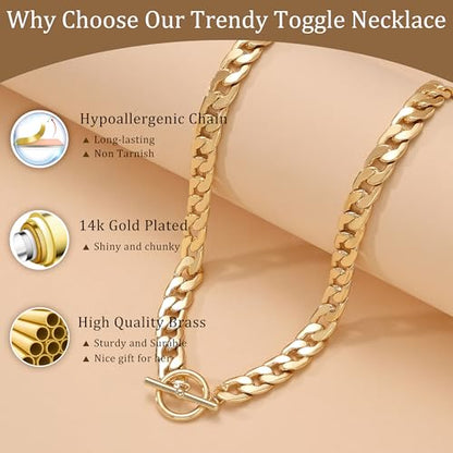 CHESKY 14K Gold Plated Chunky Necklace for Women, Trendy Toggle Clasp | Statement Pendant Necklace, Layered Paperclip Chain, Toggle Clasp Design, Thick Gold Chain, Non Tarnish Everyday Jewelry - color: gold, style: cuban