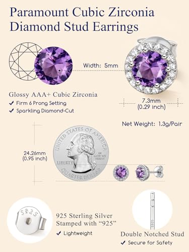 Suplight 925 Sterling Silver Birthstone Stud Earrings for Women, Round/Heart/Teardrop/Square Crystal Diamond Earrings for Women, Dainty Birthday Gifts Jewelry - color: style a-02. round-February(Created Amethyst)
