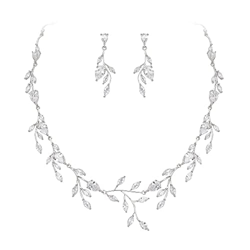 Cubic Zirconia Leaf Vine Wedding Jewelry Set for Bride Women Bridesmaid | Pear-Shaped Birthstone, Necklace Dangle Earrings for Bridesmaid, Silver-Plated-Brass - color: 2pcs_Clear Silver-Plated-Brass