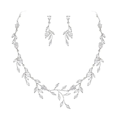 Cubic Zirconia Leaf Vine Wedding Jewelry Set for Bride Women Bridesmaid | Pear-Shaped Birthstone, Necklace Dangle Earrings for Bridesmaid, Silver-Plated-Brass - color: 2pcs_Clear Silver-Plated-Brass